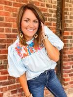 THML Puff Sleeve Embroidered Yoke Top