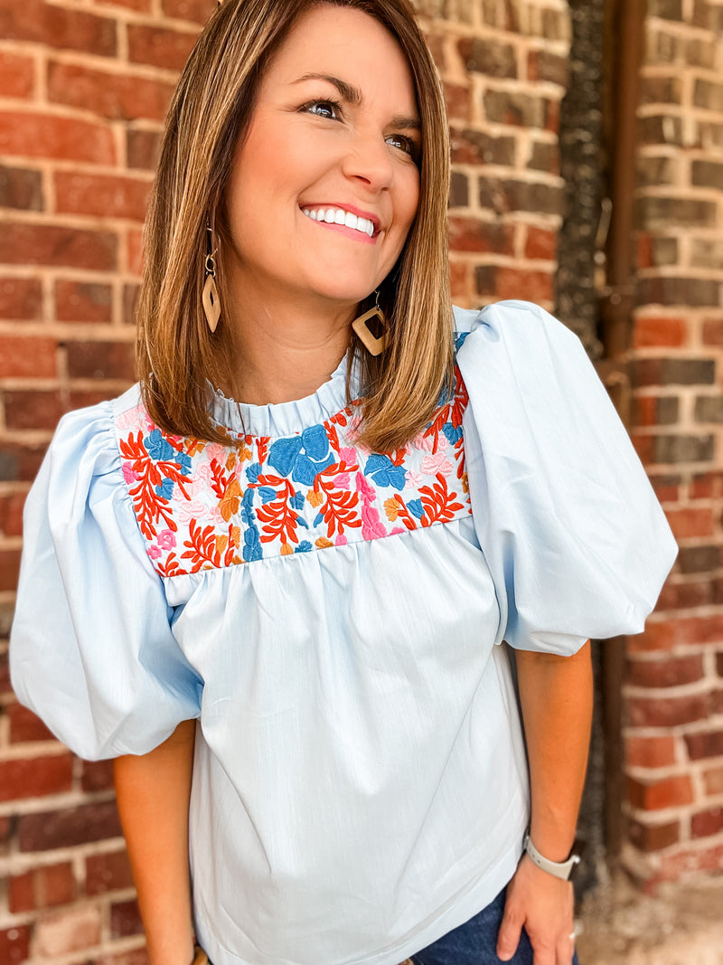 THML Puff Sleeve Embroidered Yoke Top