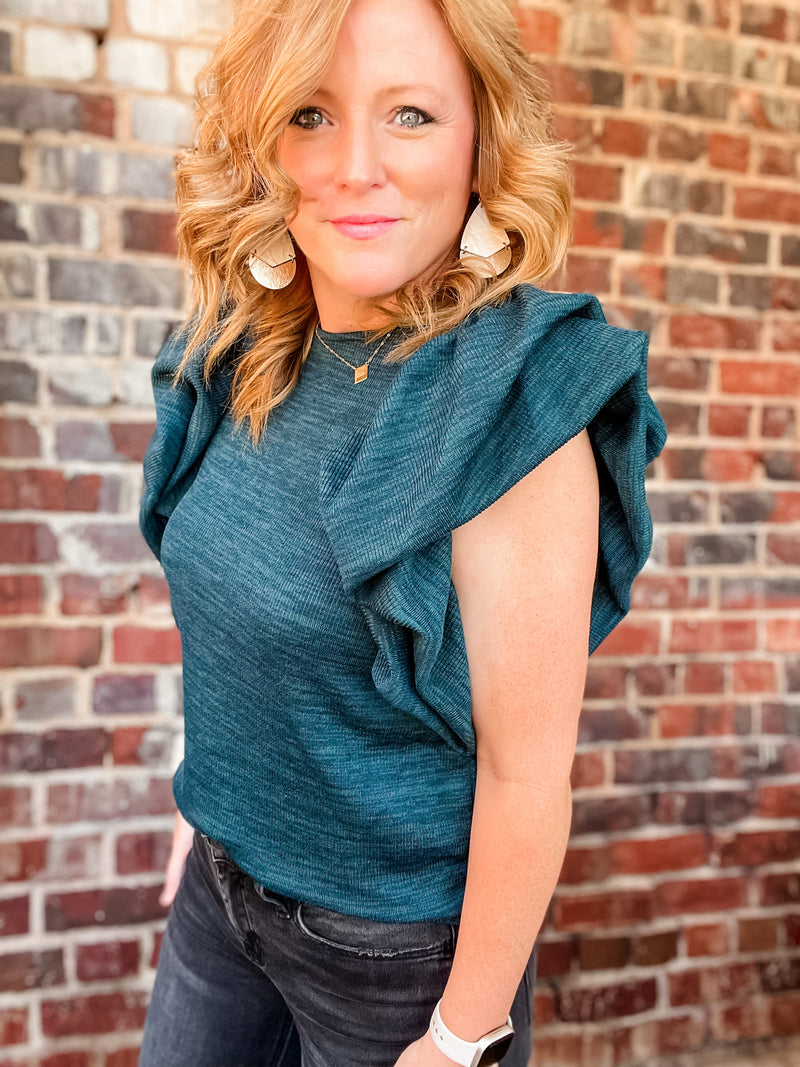 THML Teal Knit Ruffle Puff Sleeve Top