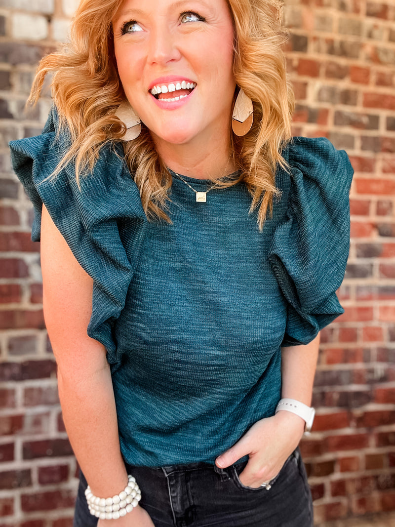 THML Teal Knit Ruffle Puff Sleeve Top