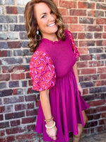 Magenta Smocked Embroidered Sleeve Dress