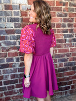 Magenta Smocked Embroidered Sleeve Dress