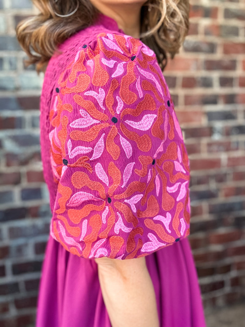 Magenta Smocked Embroidered Sleeve Dress