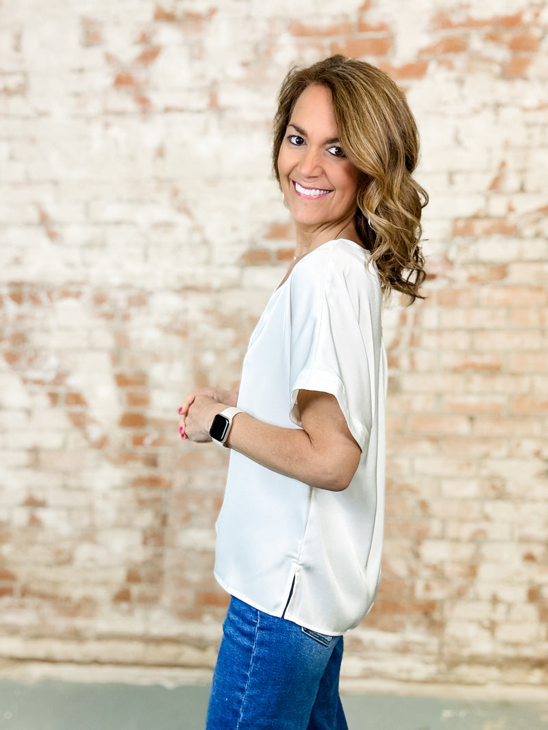 Jess White Solid Satin Top