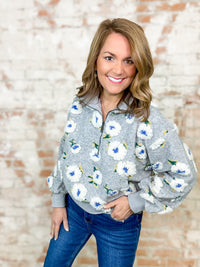 Justina Floral Sherpa Half Zip Top