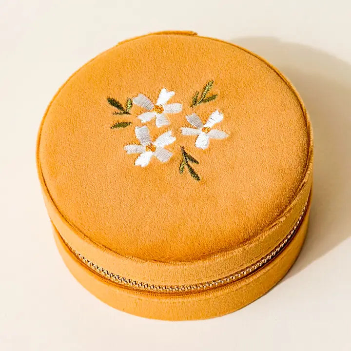Floral Golden Round Velvet Jewelry Case