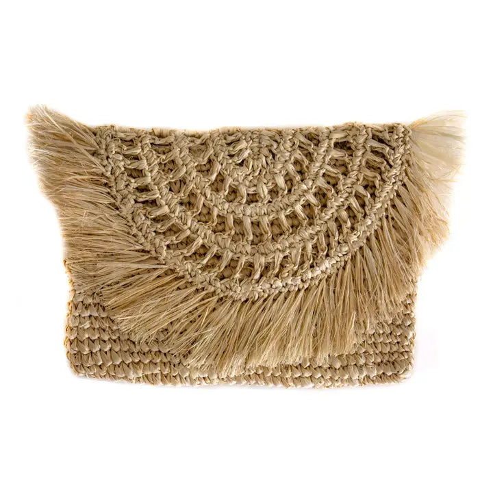 Jolie Raffia Clutch with Fringe