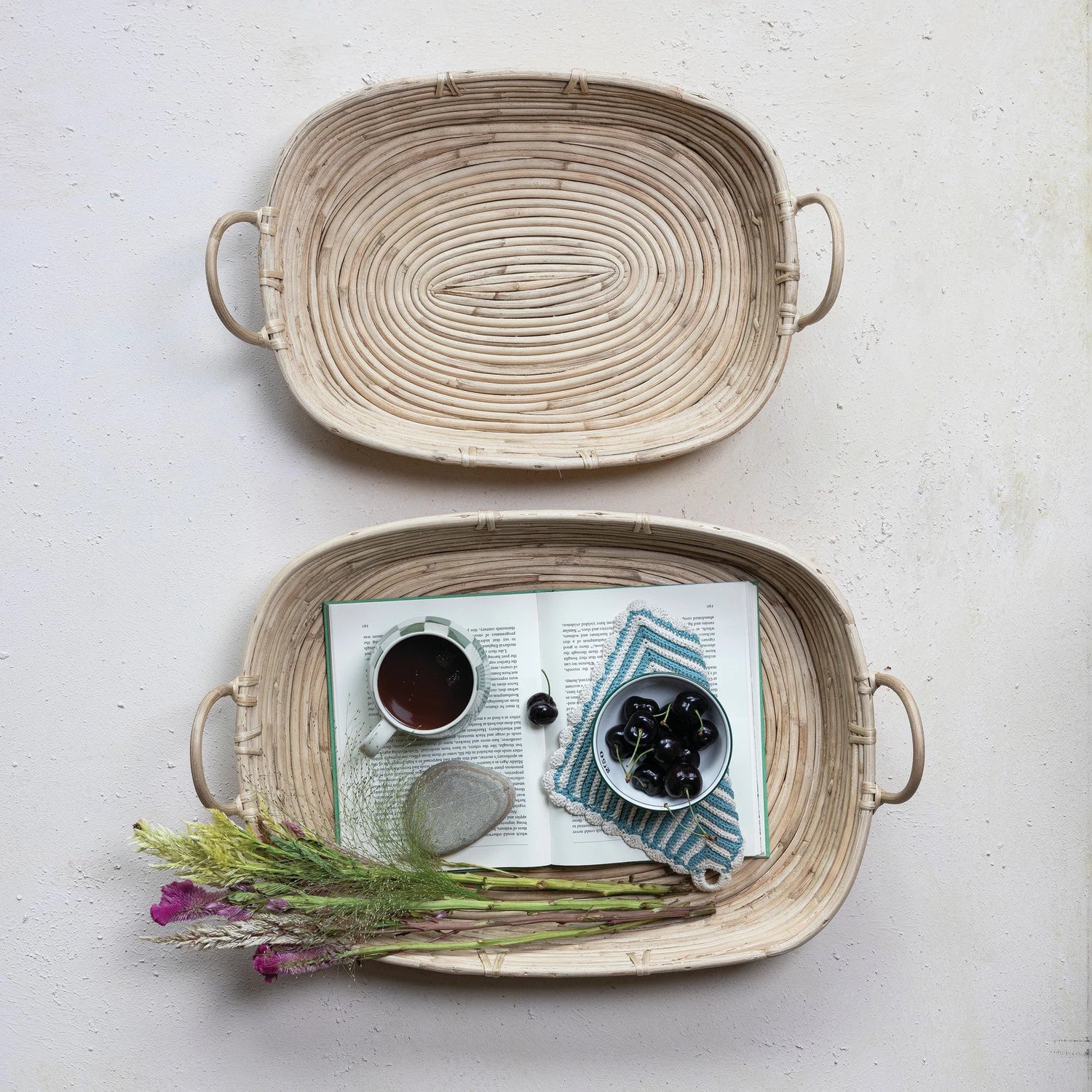 Hand-Woven Rattan Trays w/ Handles