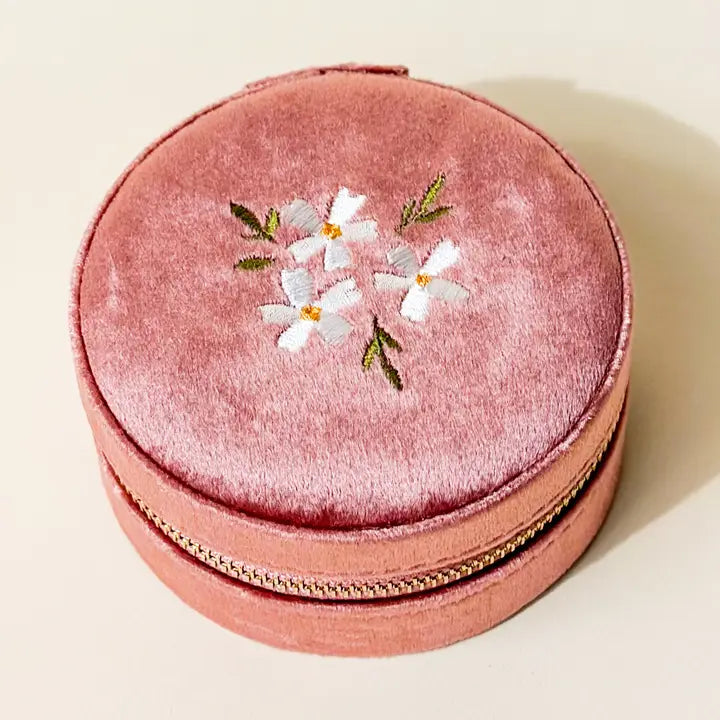 Floral Rose Round Velvet Jewelry Case