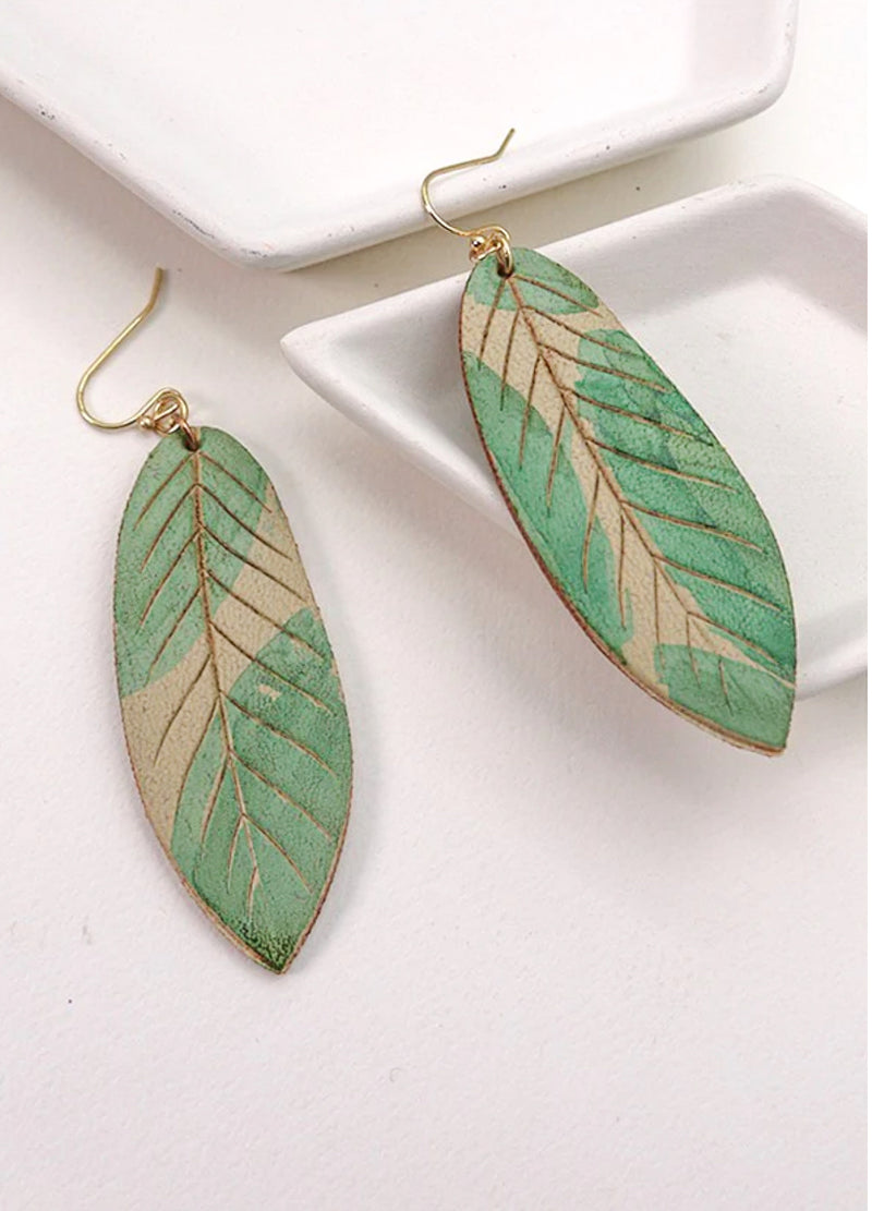 Dusty Mint Boho Leather Leaf Earring