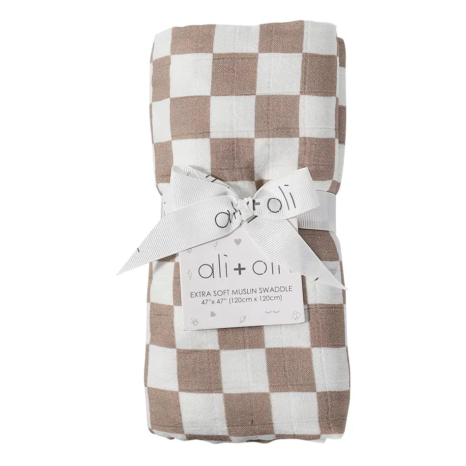 Mocha Checkers Muslin Blanket