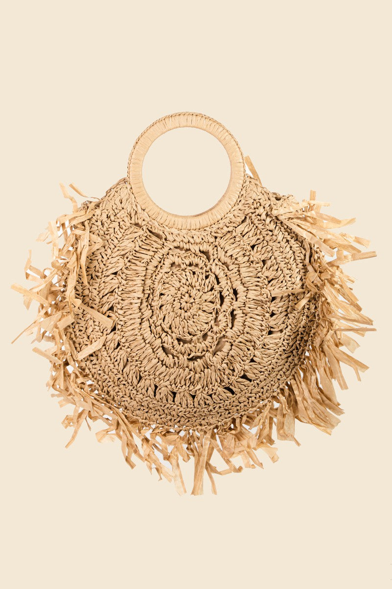 Round Straw Braided Fringe Bag