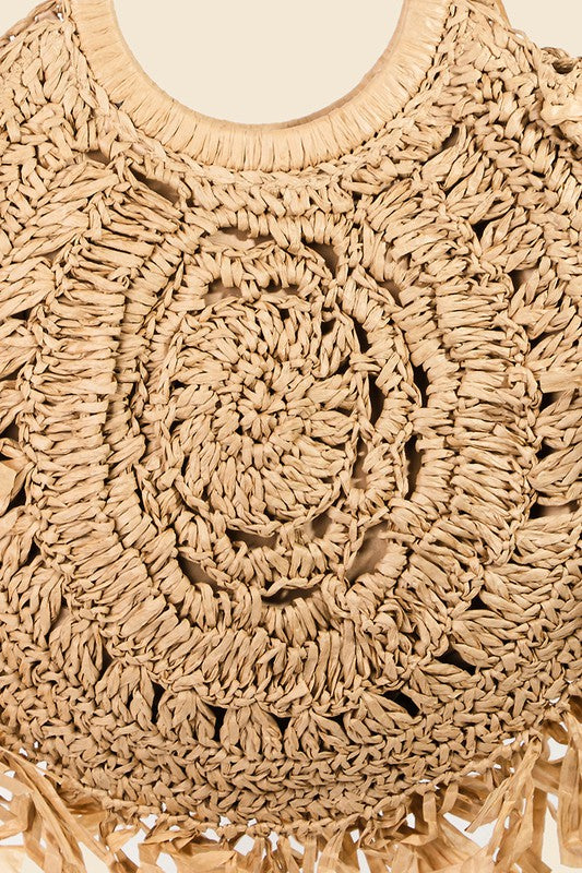 Round Straw Braided Fringe Bag