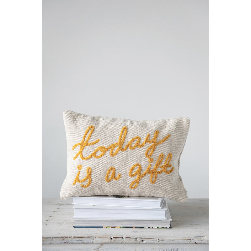 "Today is a Gift" Embroidered Cotton Lumbar Pillow