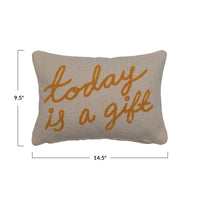 "Today is a Gift" Embroidered Cotton Lumbar Pillow