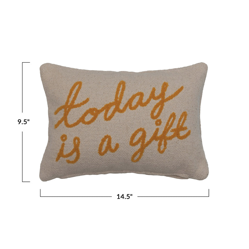 "Today is a Gift" Embroidered Cotton Lumbar Pillow