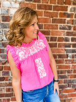 THML Embroidered Ruffle Sleeve Top