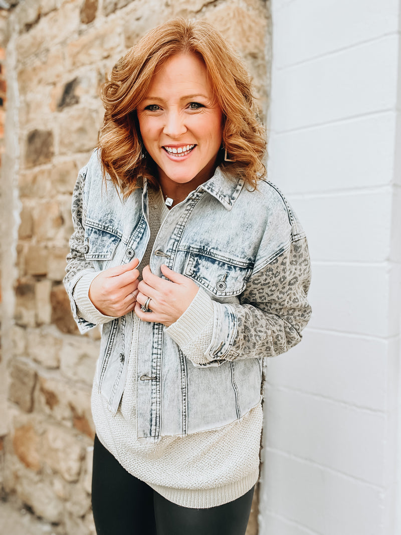 Distressed Leopard Sleeve Denim Jacket