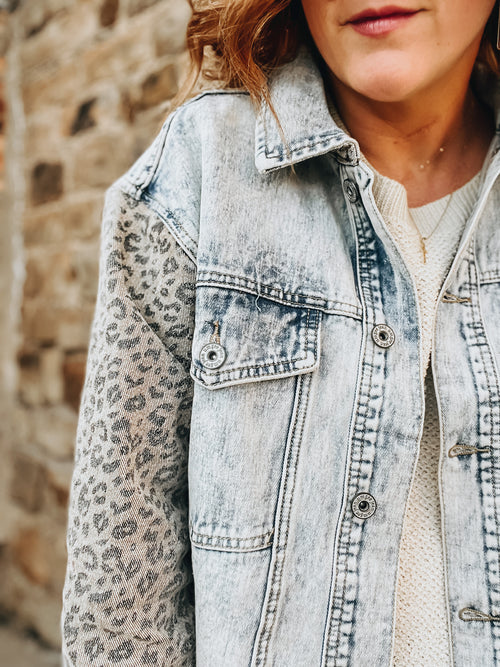 Distressed Leopard Sleeve Denim Jacket
